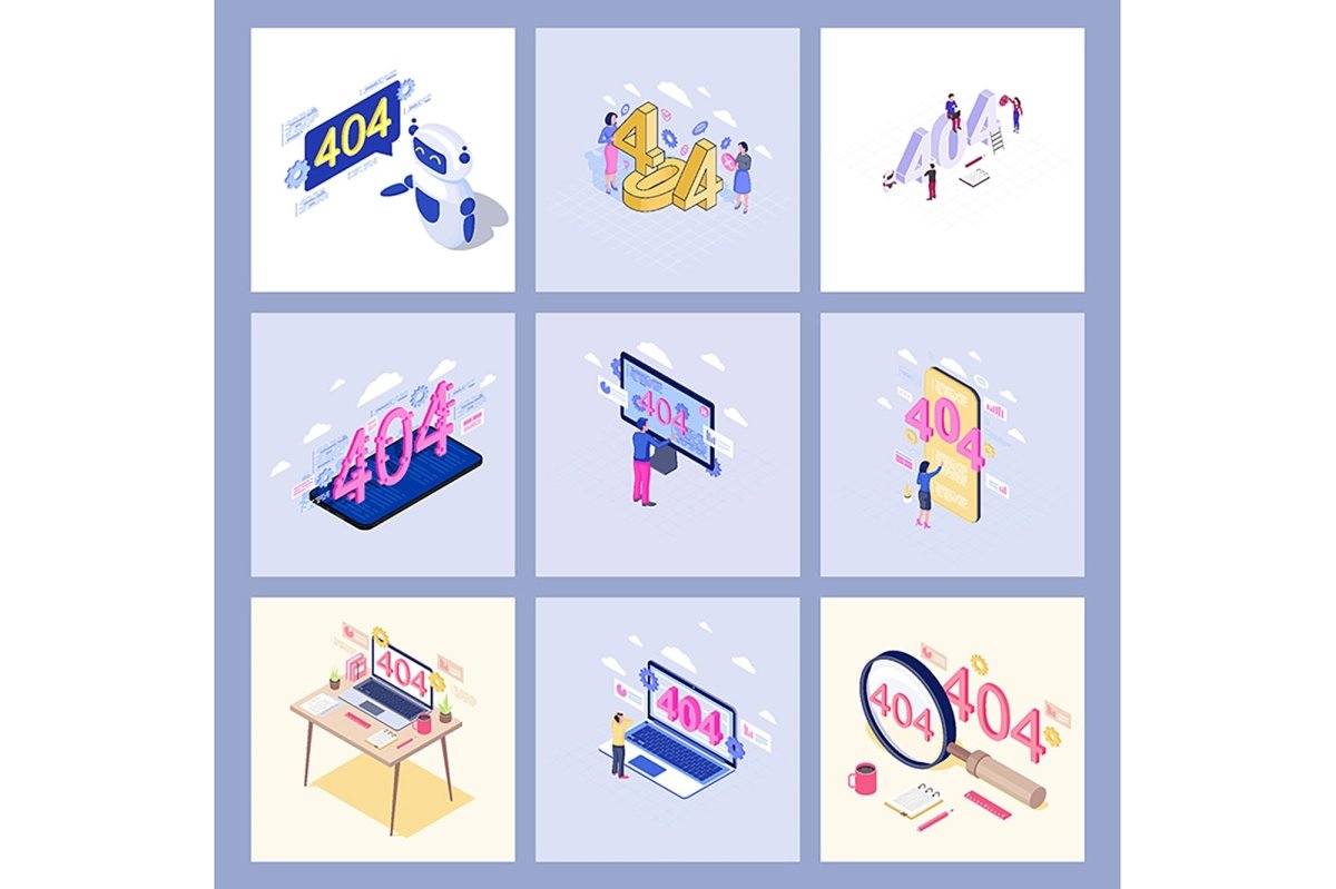 404 error display isometric illustrations set