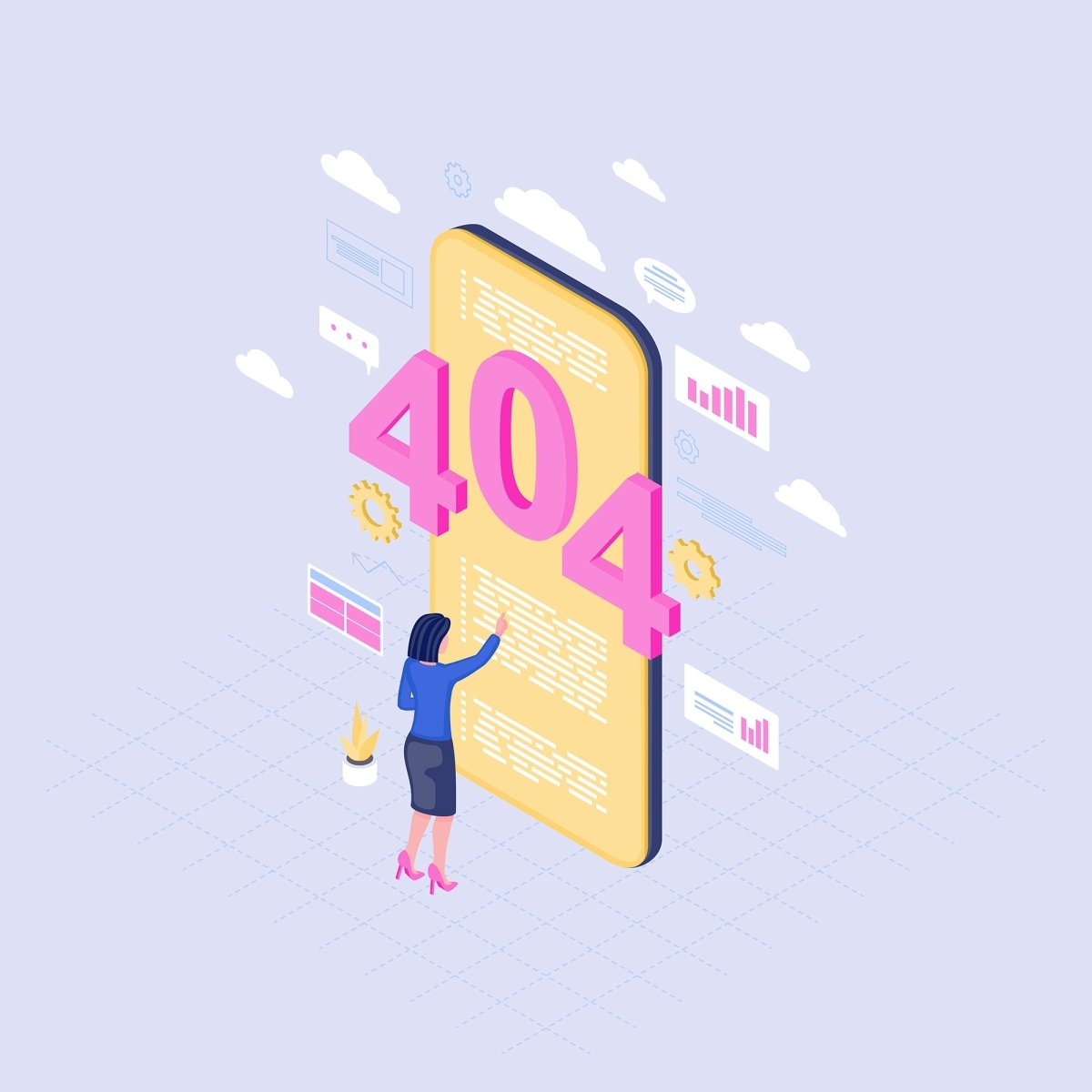 404 error display isometric illustrations set