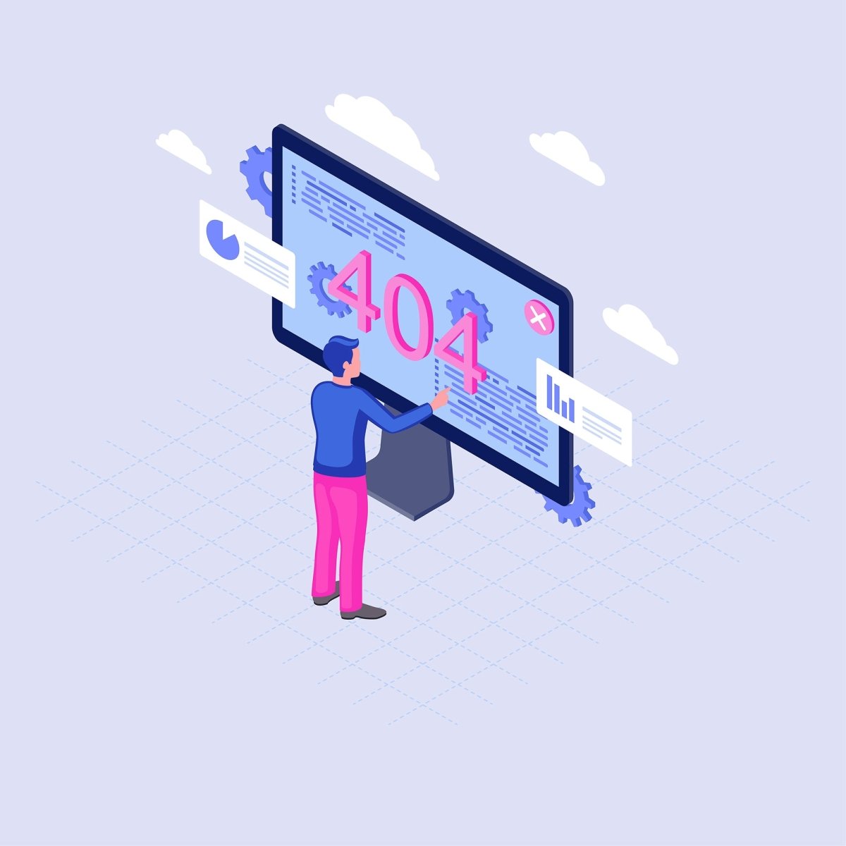 404 error display isometric illustrations set