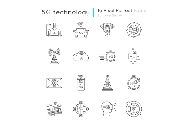 5G technology pixel perfect linear icons set