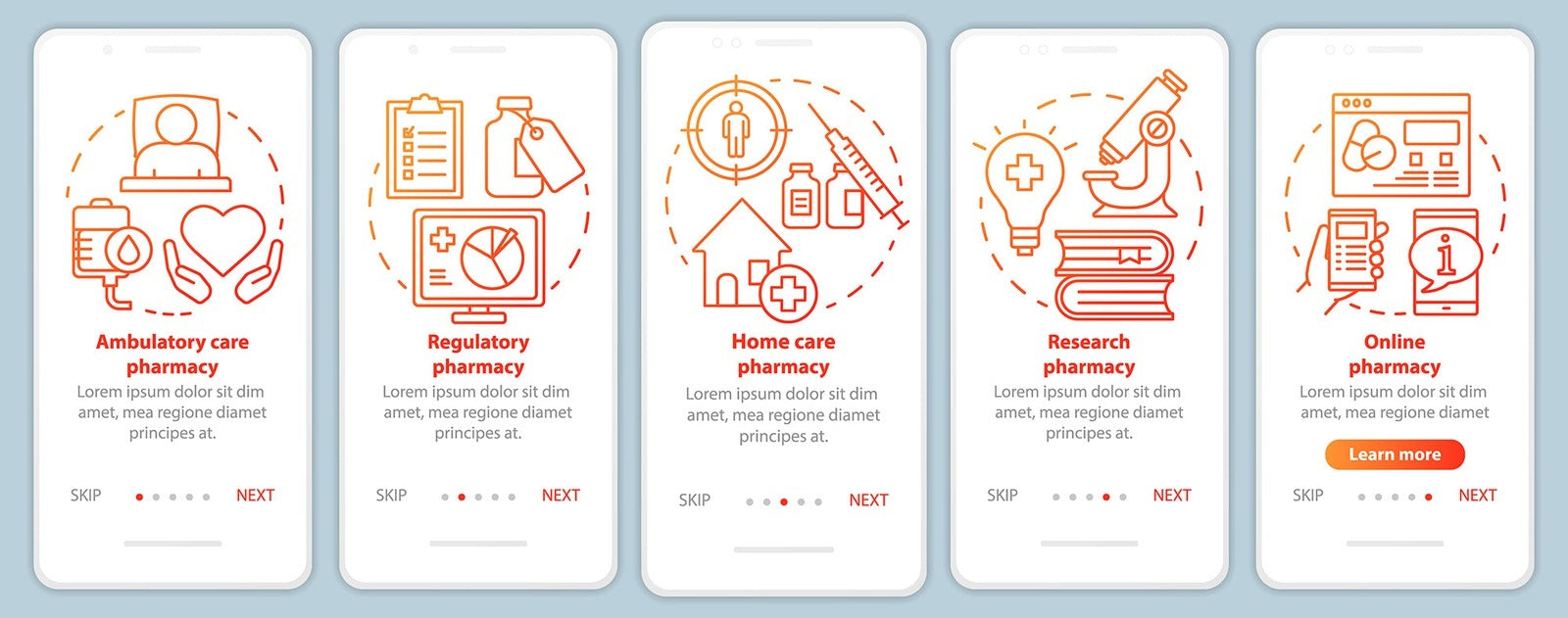 Online pharmacy onboarding mobile app page screen bundle