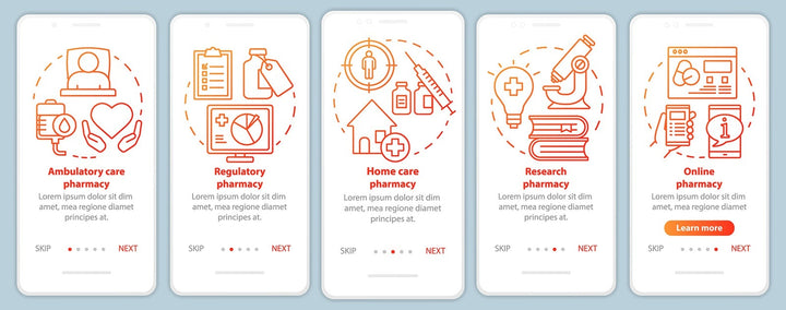 Online pharmacy onboarding mobile app page screen bundle