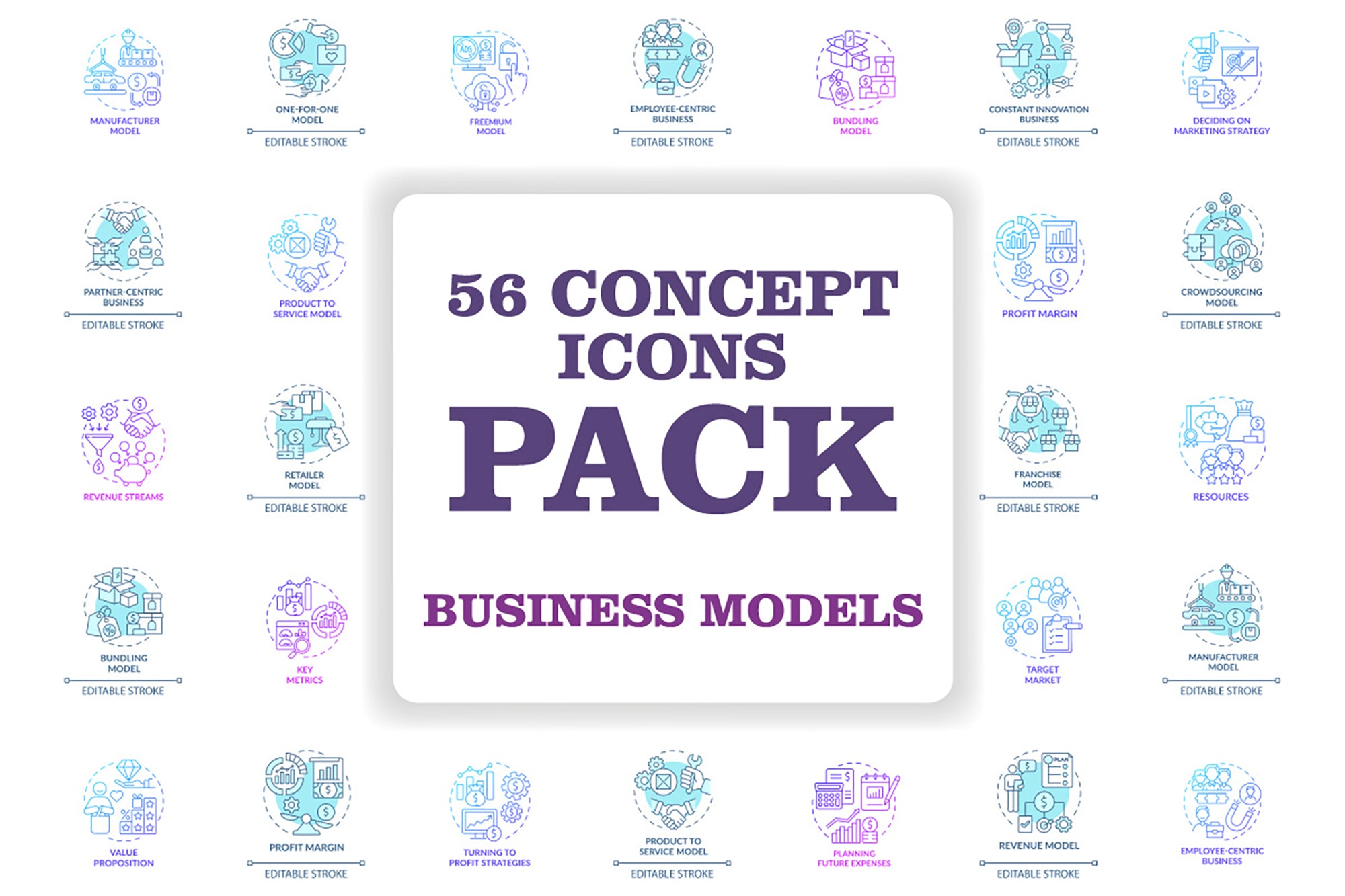 Business models blue concept icons bundle