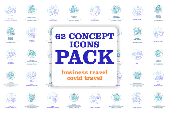 Business travel during coronavirus pandemic concept icons bundle