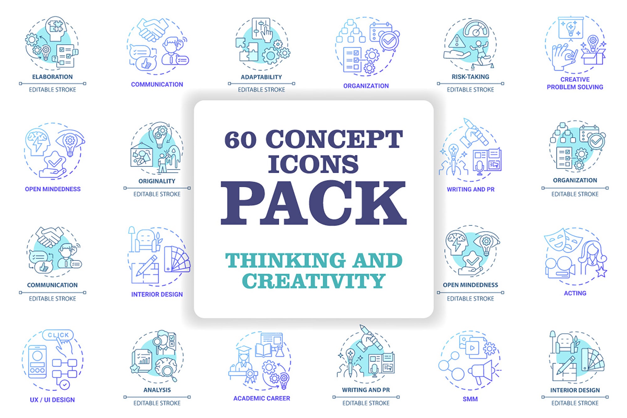 Thinking and creativity concept icons bundle