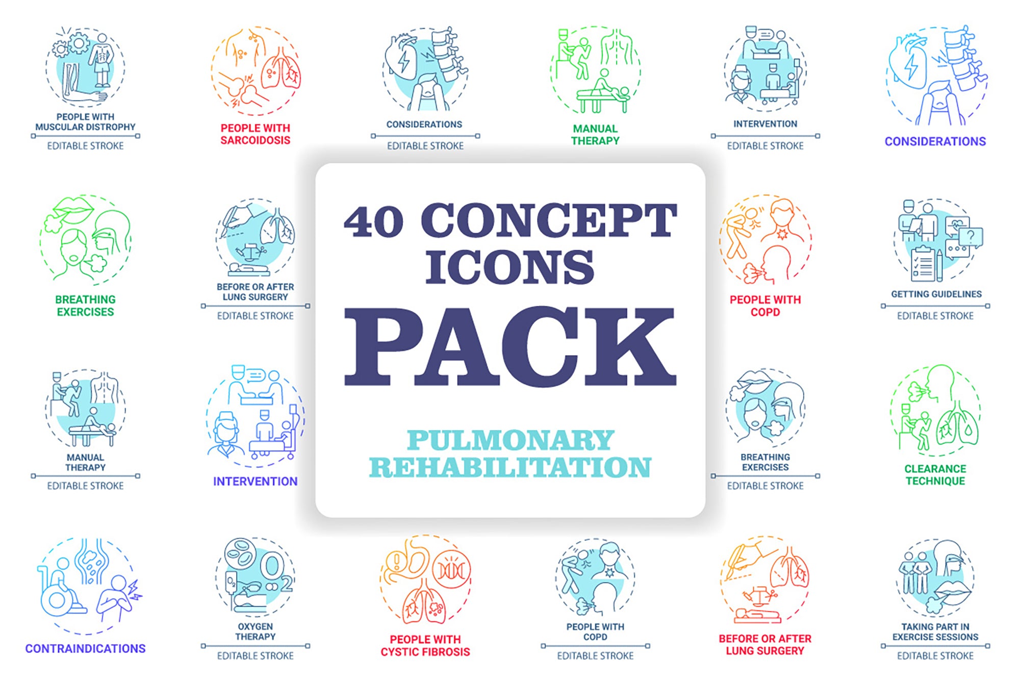 Pulmonary rehabilitation concept icons bundle