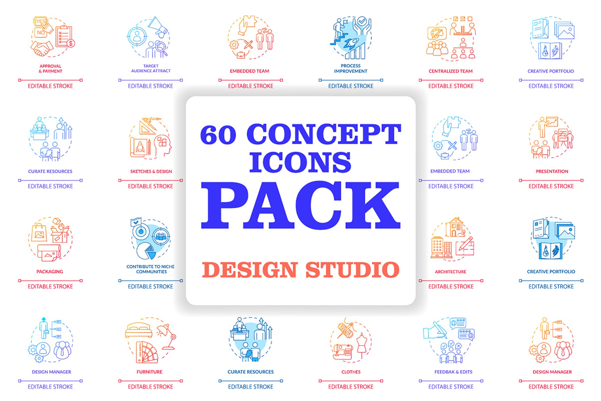 Design studio, workshop concept icons bundle