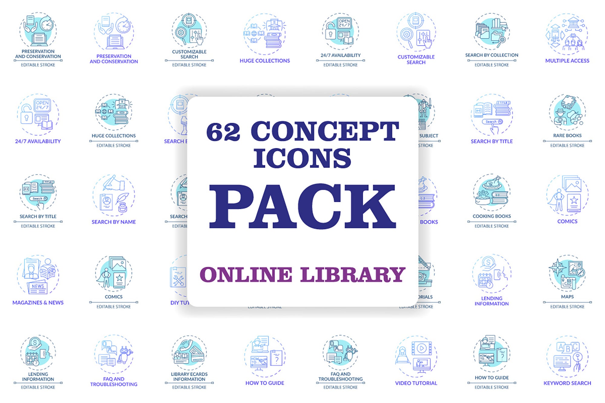 Online library concept icons bundle