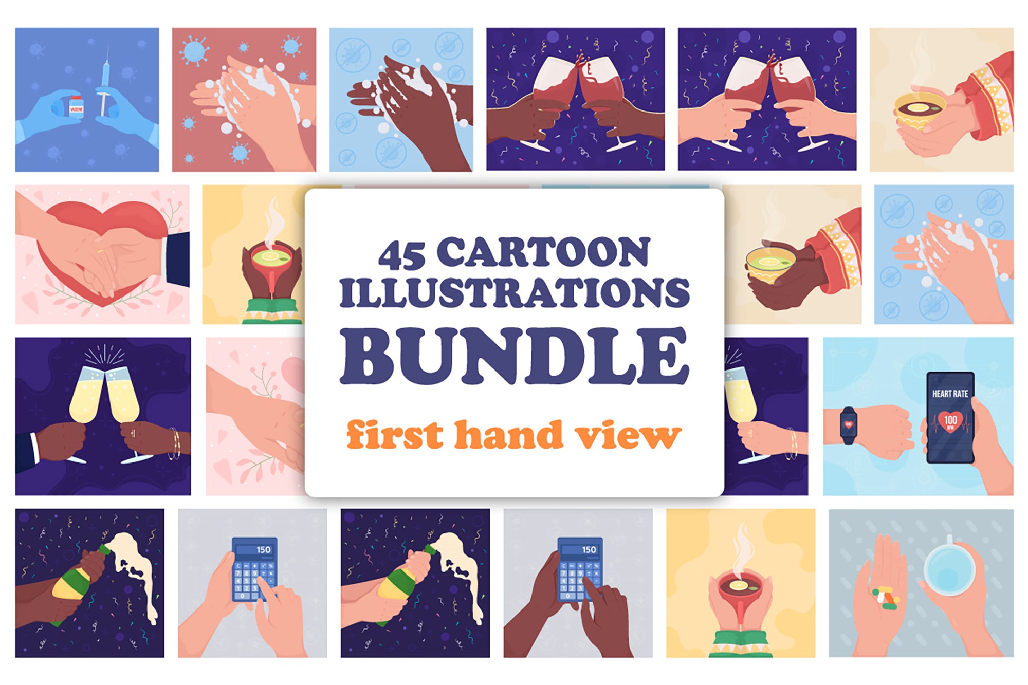Holding hands flat color vector illustration bundle