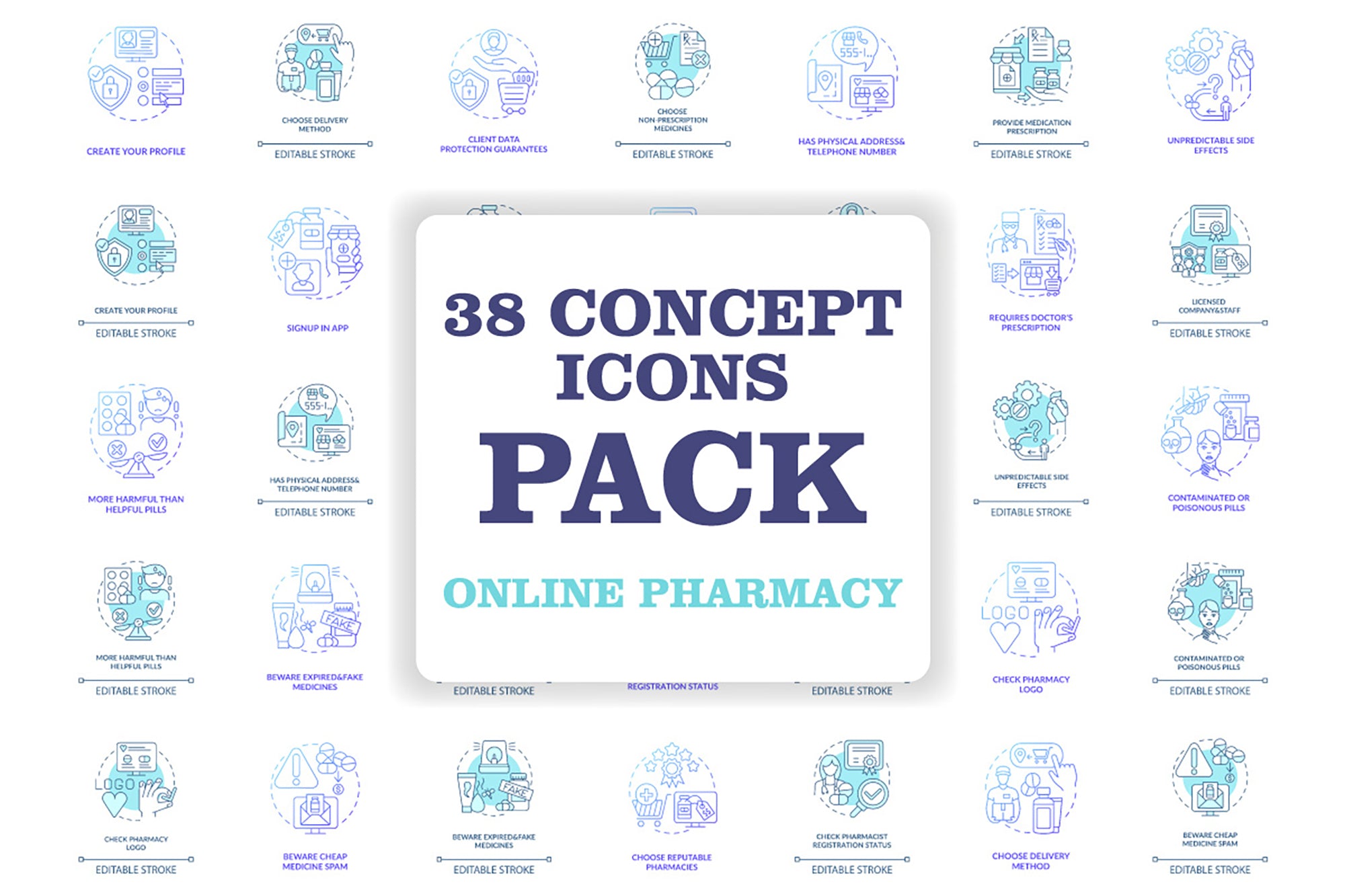 Online pharmacy concept icons bundle