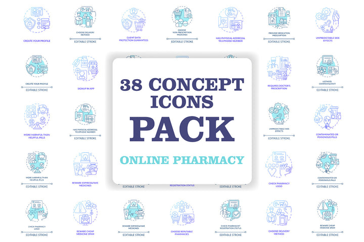Online pharmacy concept icons bundle