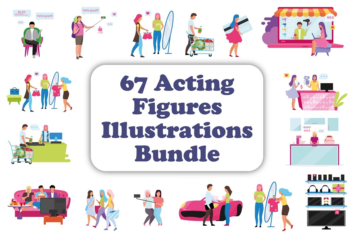 Acting figures color vector characters bundle