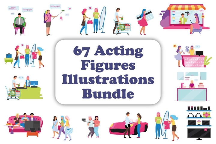 Acting figures color vector characters bundle