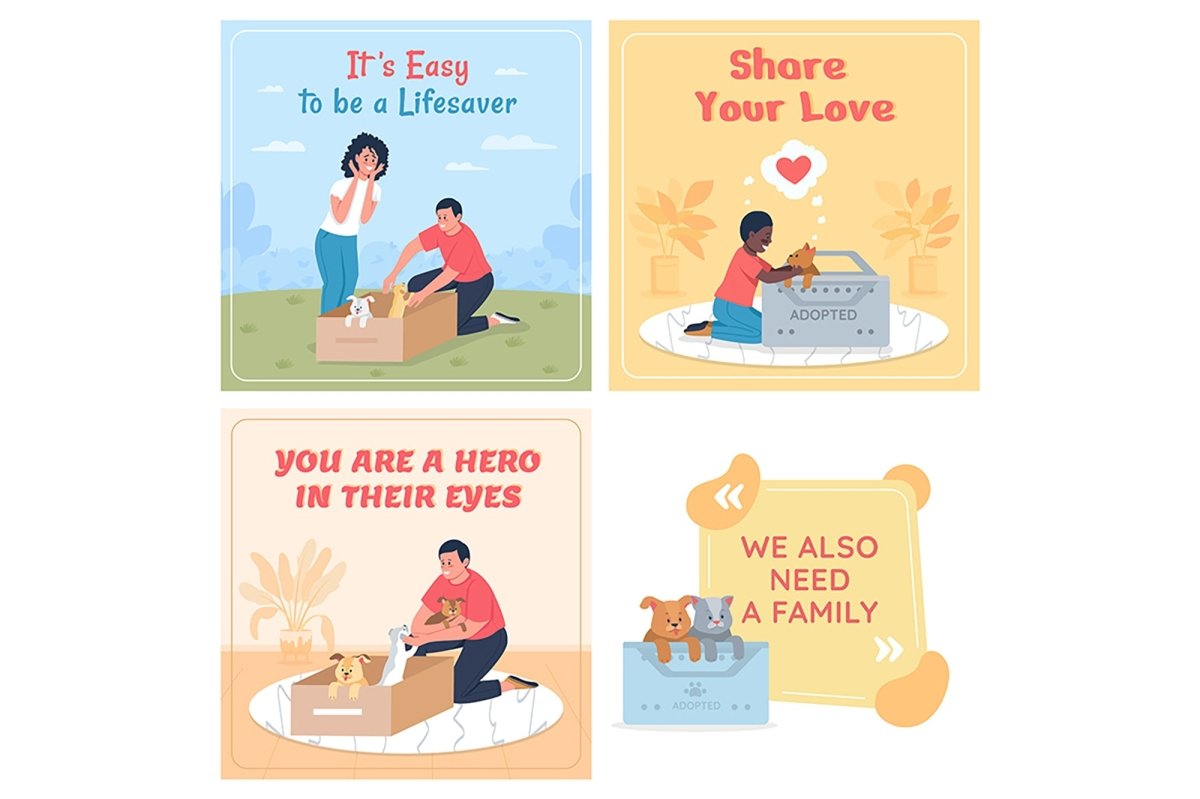 Adopting pet vector cards template with flat character set