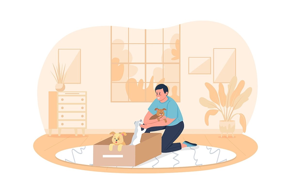 Adopting pets flat color vector illustrations