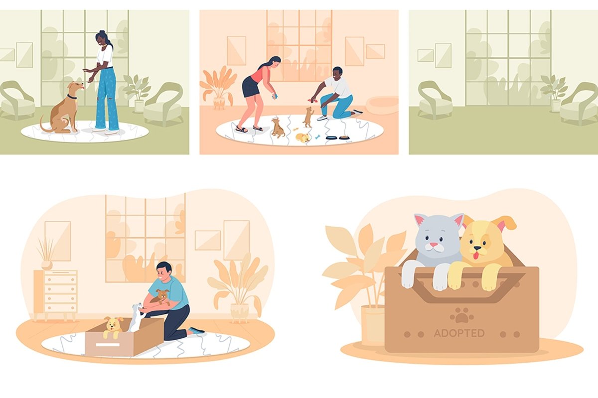Adopting pets flat color vector illustrations