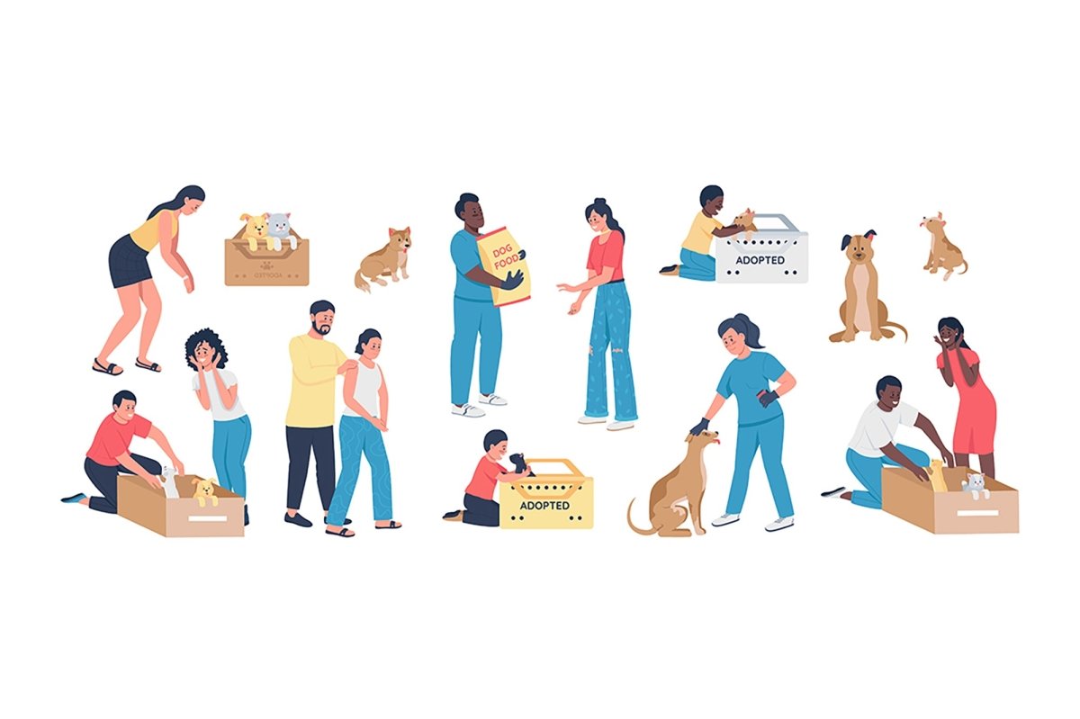 Adopting pets semi flat color vector character set