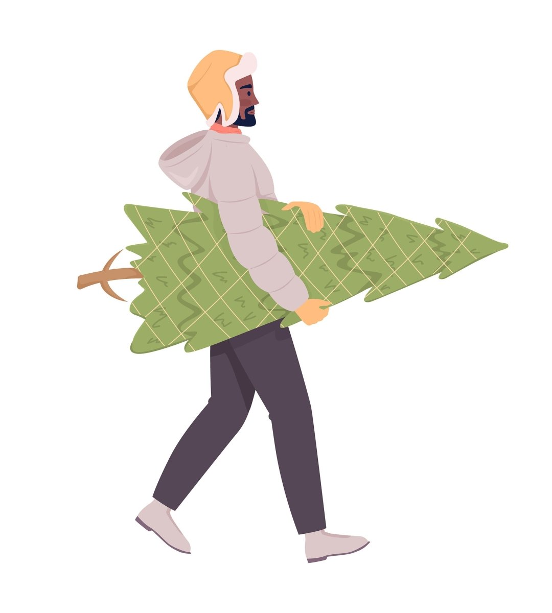 Adult man walking home with real Christmas tree semi flat color vector character