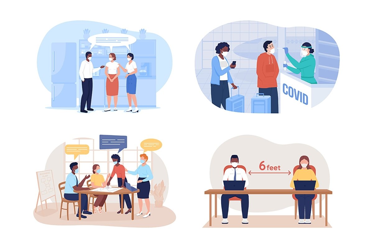 After covid precaution for office and travel 2D vector isolated illustration set