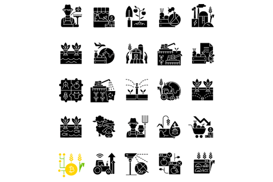 Agriculture related black glyph icons set on white space