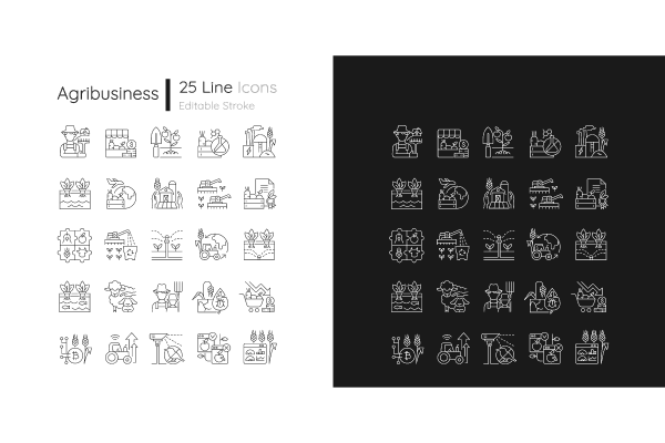 Agriculture related linear icons set for dark and light mode