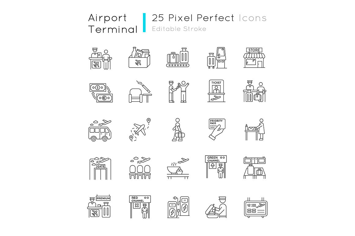 Airport terminal pixel perfect linear icons set