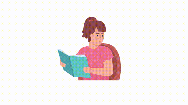 Animated absent-minded character. Teen girl reading book. Full body flat person HD video footage with alpha channel. Color cartoon style illustration on transparent background for animation