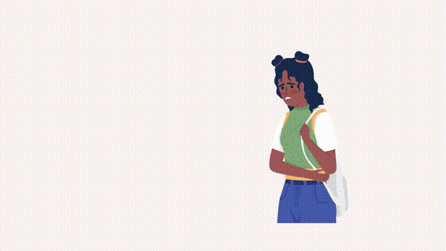 Animated anxious student character. Girl with fears in thoughts. Full body flat person HD video footage with alpha channel. Color cartoon style illustration on transparent background for animation