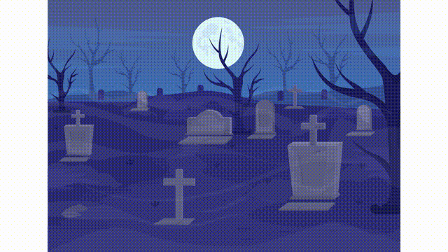Animated cemetery illustration. Haunted graveyard. Nighttime horror. Looped flat color 2D cartoon landscape animation video in HD with gravestones and spooky mist on transparent background