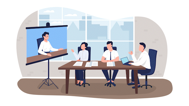 Animated conference isolated scene. Virtual business team meeting. Teleconference. Looped flat 2D characters 4k video footage with alpha channel. Colorful illustration for mobile, website, animation