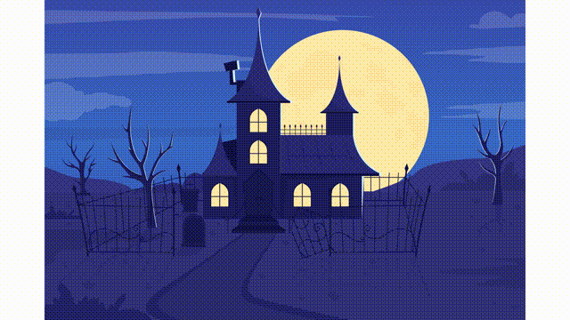 Animated creepy mansion illustration. Full moon night. Halloween. Spooky environment. Looped flat color 2D cartoon landscape animation video in HD with flying bats on transparent background