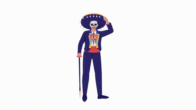 Animated day of dead male character. Full body flat person. HD video footage with alpha channel. Mexican tradition color cartoon style illustration on transparent background for animation