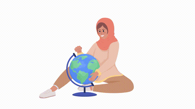 Animated dreaming girl character. Geography learning. Full body flat person HD video footage with alpha channel. Color cartoon style illustration on transparent background for animation