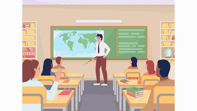 Animated geography illustration. Educational lesson for high school students. Looped flat color 2D cartoon characters animation video in HD with school interior on transparent background