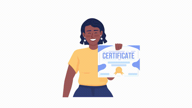 Animated girl with diploma character. Half body flat person 4k video footage with alpha channel. Finish class with certificate. Color cartoon style illustration for motion graphic design and animation