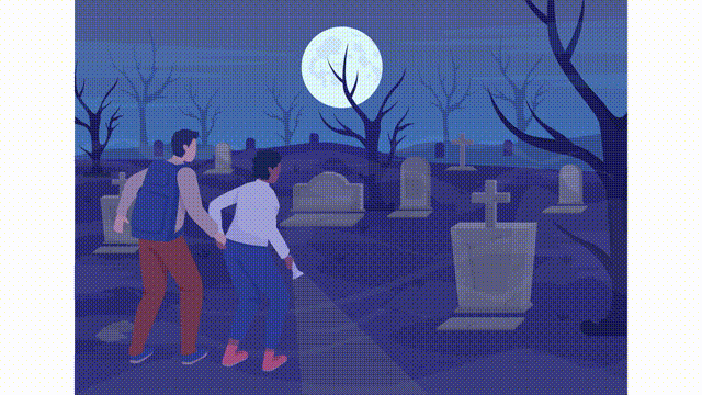 Animated graveyard illustration. Cemetery horror. Frightened couple. Looped flat color 2D cartoon characters animation video in HD with monsters and tombs on transparent background