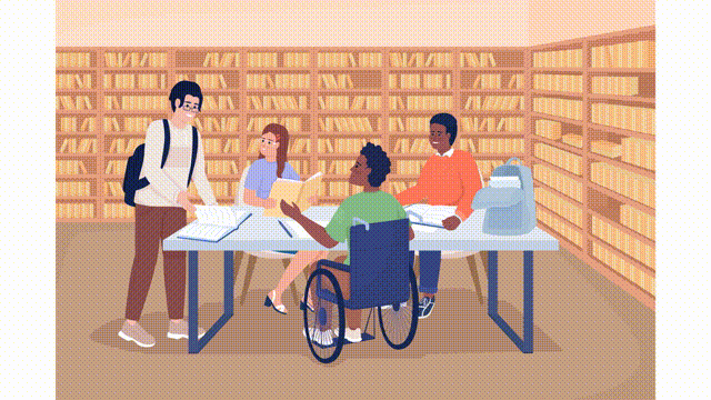 Animated group project illustration. Studying at library with friends. Diverse community. Looped flat color 2D cartoon characters animation video in HD with school interior on transparent background