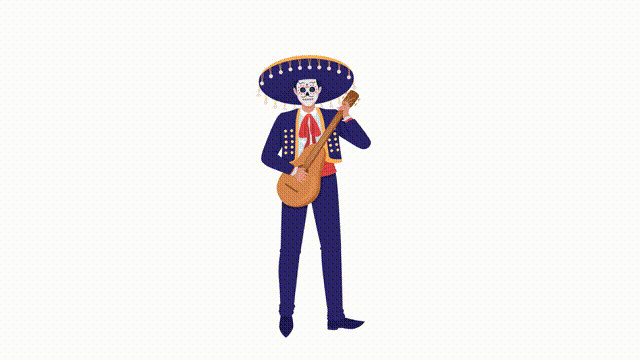 Animated guitarist character. Full body flat person. HD video footage with alpha channel. Day of dead musician color cartoon style illustration on transparent background for animation
