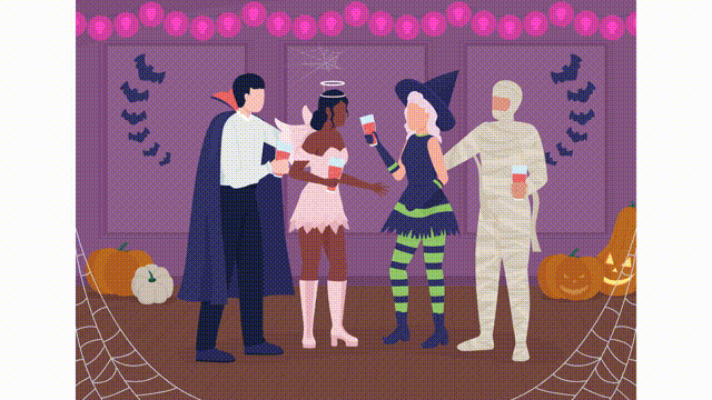 Animated halloween illustration. Raising toast. Seasonal holiday. Looped flat color 2D cartoon characters animation video in HD with spooky masquerade party on transparent background