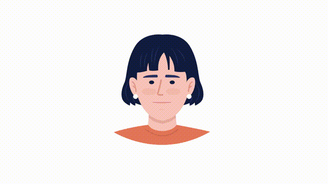 Animated happy young woman emotion. Female smiling. Flat character head with facial expression animation. Colorful cartoon style HD video footage on white with alpha channel transparency