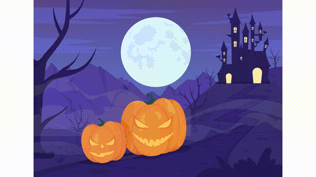 Animated haunted castle illustration. Wicked pumpkins. Residence on hill. Spooky environment. Looped flat color 2D cartoon landscape animation video in HD with full moon on transparent background