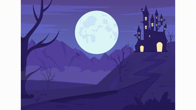 Animated haunted house illustration. Spooky mansion on hill. Full moon night. Looped flat color 2D cartoon landscape animation video in HD with flying bats on transparent background