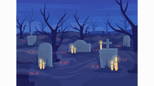Animated haunted tombs illustration. Evil ghosts with red eyes. Spooky night. Looped flat color 2D cartoon landscape animation video in HD with nighttime graveyard on transparent background