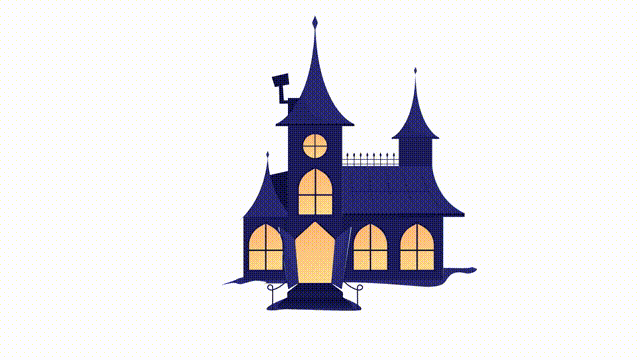Animated house with ghosts object. Full sized flat item. HD video footage with alpha channel. Haunted mansion color cartoon style illustration on transparent background for animation