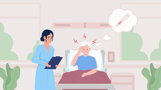 Animated inpatient care illustration. Elderly patient with high temperature and doctor. Looped flat color 2D cartoon characters animation video in HD with hospital interior on transparent background