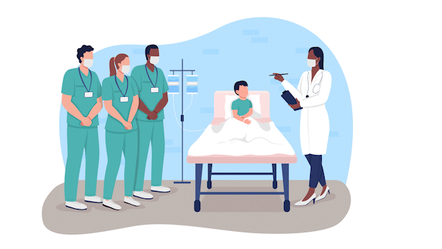 Animated internship isolated scene. Looped flat 2D characters 4k video footage with alpha channel. Training medical students in hospital colorful illustration for mobile, website, animation