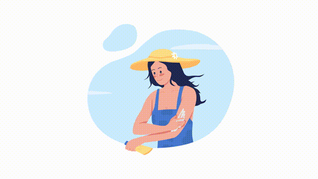 Animated isolated apply sunscreen. Looped flat 2D character 4k video footage with alpha channel. Girl protecting skin from sun in summer. Colorful animation for mobile, website, social media