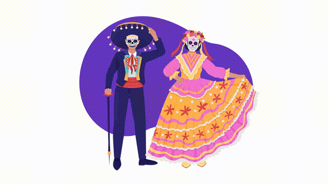 Animated isolated couple in costumes. Looped flat 2D characters. HD video footage with alpha channel. Day of dead colorful animation on transparent background for website, social media