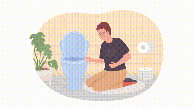 Animated isolated man with nausea. Sick person vomiting in toilet. Looped flat 2D character HD video footage with alpha channel. Colorful animation on transparent background for website, social media.