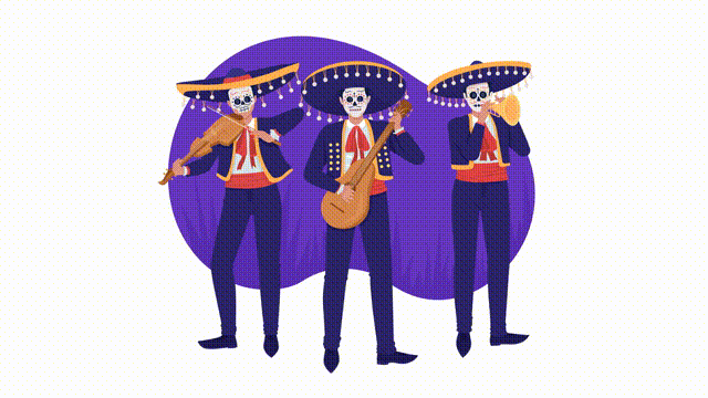 Animated isolated musical trio. Looped flat 2D characters. HD video footage with alpha channel. Day of dead performers colorful animation on transparent background for website, social media